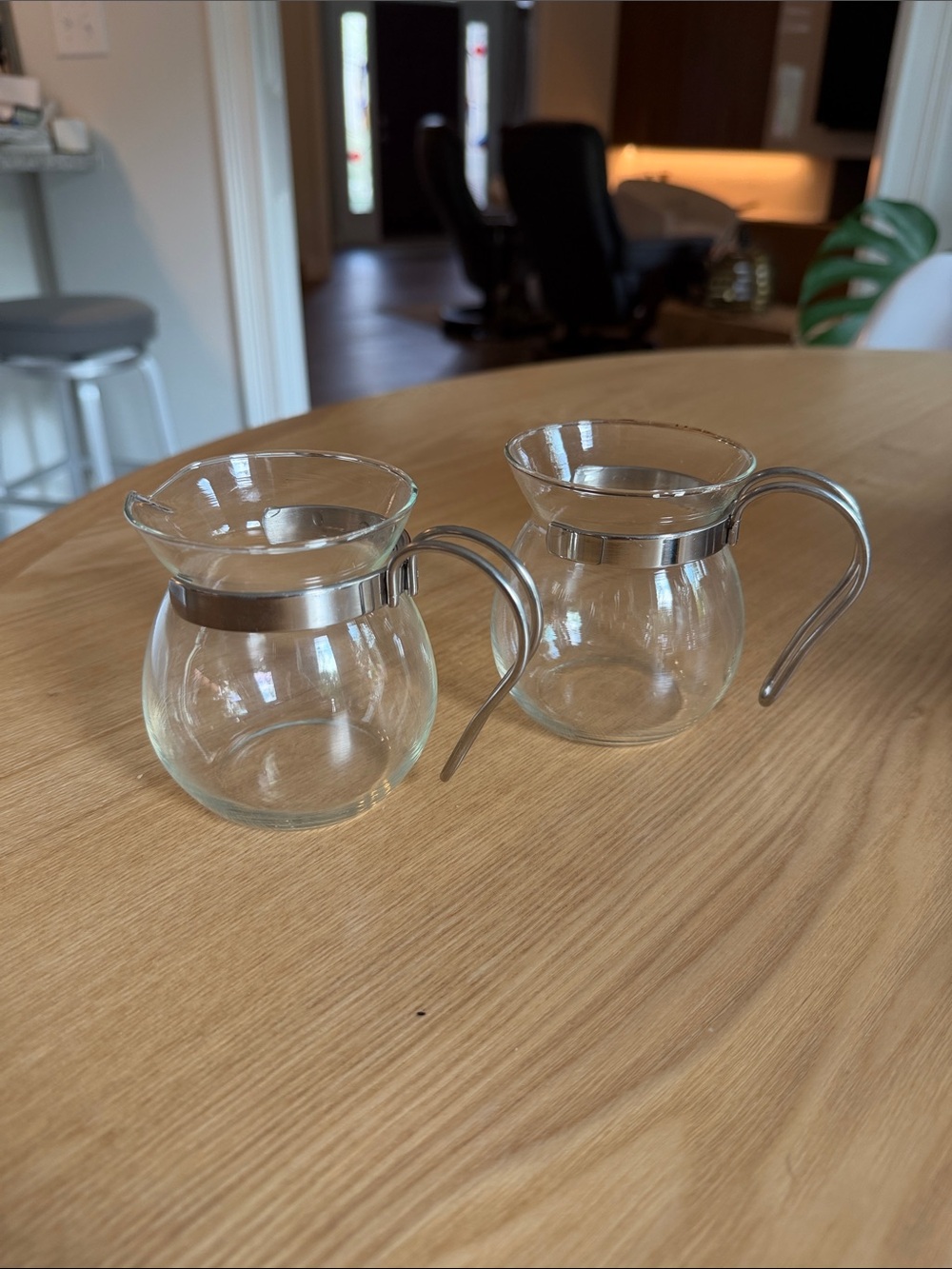 Vintage MCM Glass Creamer & Open Sugar Bowl Set with Chrome-Tone Holders